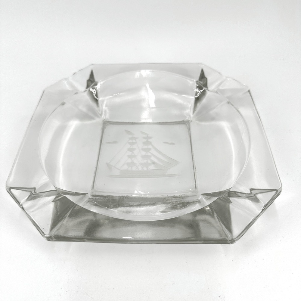Vintage Clear Glass Octagon Dish Ashytray with Etched Sailing Ship - Mid-Century